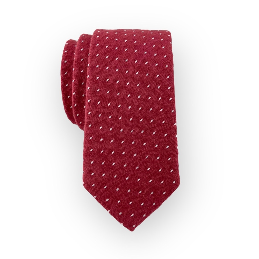 Men’s Ruby Red Necktie w/ Embroidered Dots, Slim 2.75” Width Wedding Party Tie